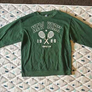 Green Crewneck Sweater with Tennis Graphic